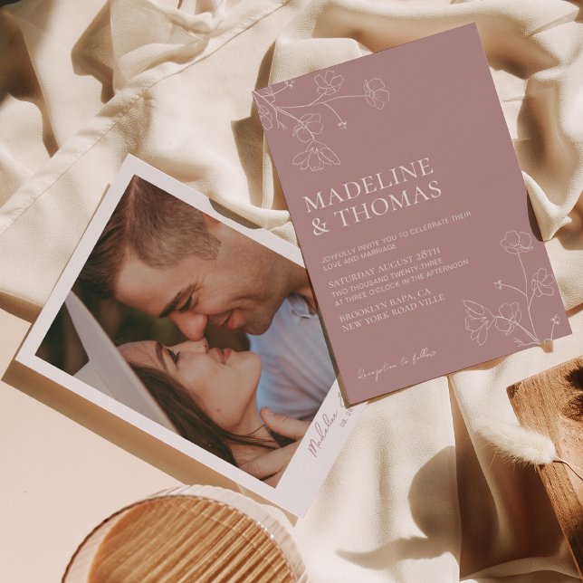 Einfache Dusty Rose Foto Hochzeit Einladung (Von Creator hochgeladen)