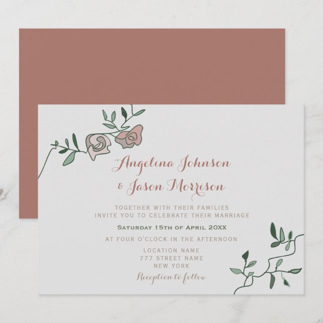 Einfache Dusty Rose Greenerity Wedding Einladung (Vorne/Hinten)