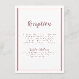 Einfache Dusty Rose Hochzeitsempfang Weißrahmen Begleitkarte