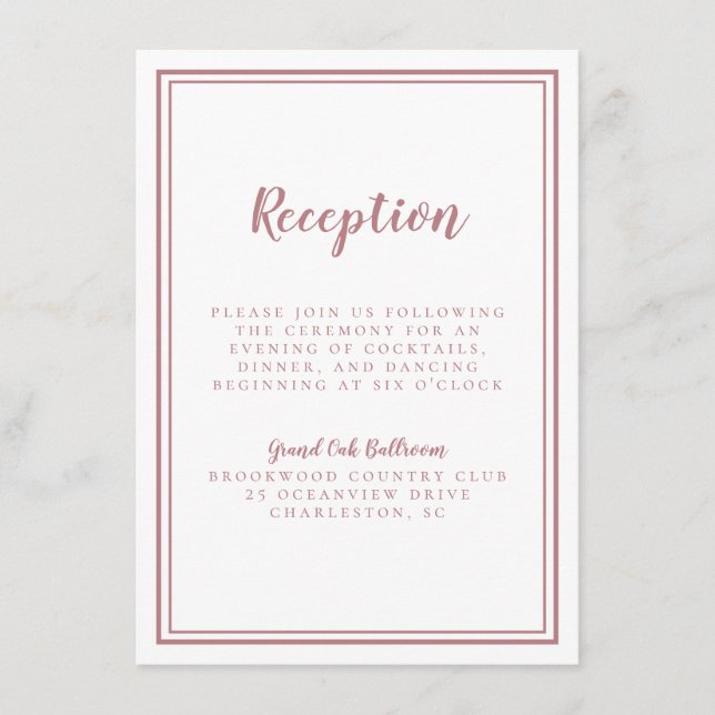 Einfache Dusty Rose Hochzeitsempfang Weißrahmen Begleitkarte (Vorderseite)