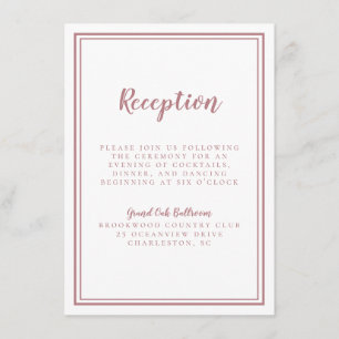 Einfache Dusty Rose Hochzeitsempfang Weißrahmen Begleitkarte