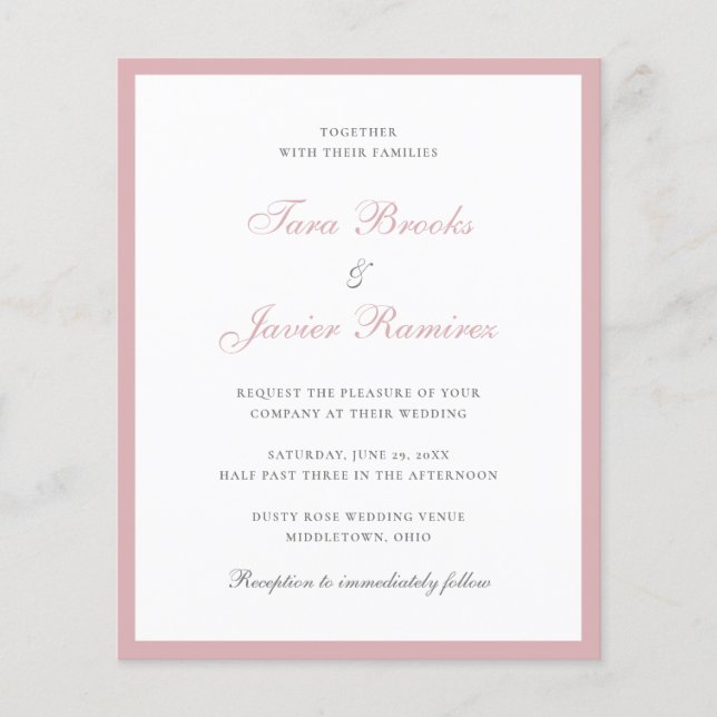 Einfache Dusty Rose Pink Budget Einladung Hochzeit (Vorderseite)