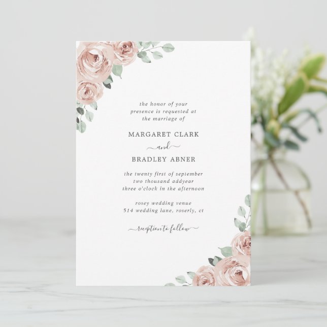 Einfache Dusty Rose Rosa Bläserner Elegante Hochze Einladung (Stehend Vorderseite)
