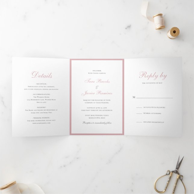 Einfache Dusty Rose Rosa Hochzeit Dreifach Gefaltete Einladung (Innenseite)