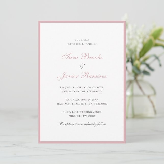 Einfache Dusty Rose Rosa Traditionelle Hochzeit Einladung (Stehend Vorderseite)