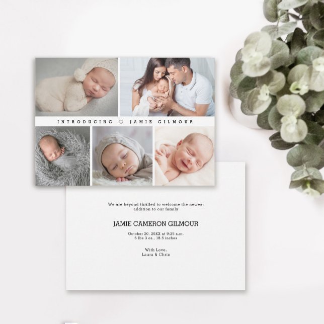 Einfache Einführung in Baby-Fotos Einladung (Introducing our baby photo collage with birth stat announcement card.)