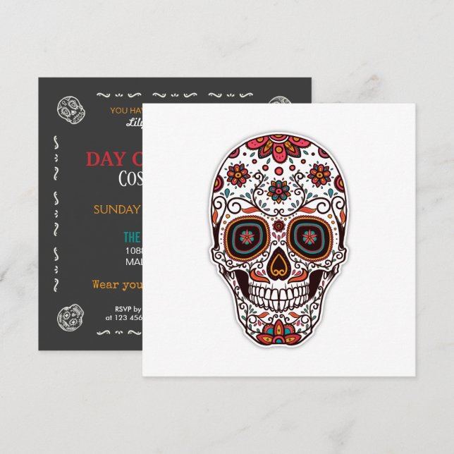 Einfache Einladung von Dia de Muertos Floral Skull (Vorne/Hinten)