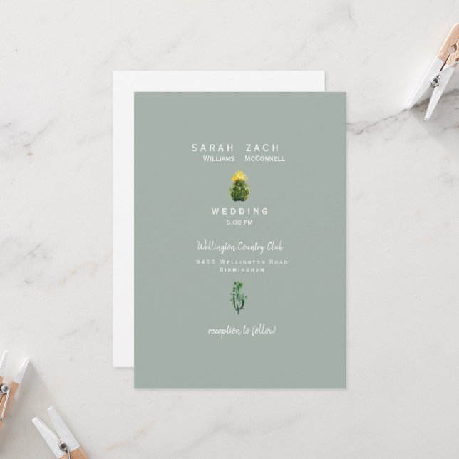 Einfache Einladung von Minmalist Cactus Sage Weddi (Vorderseite/Rückseite Beispiel)