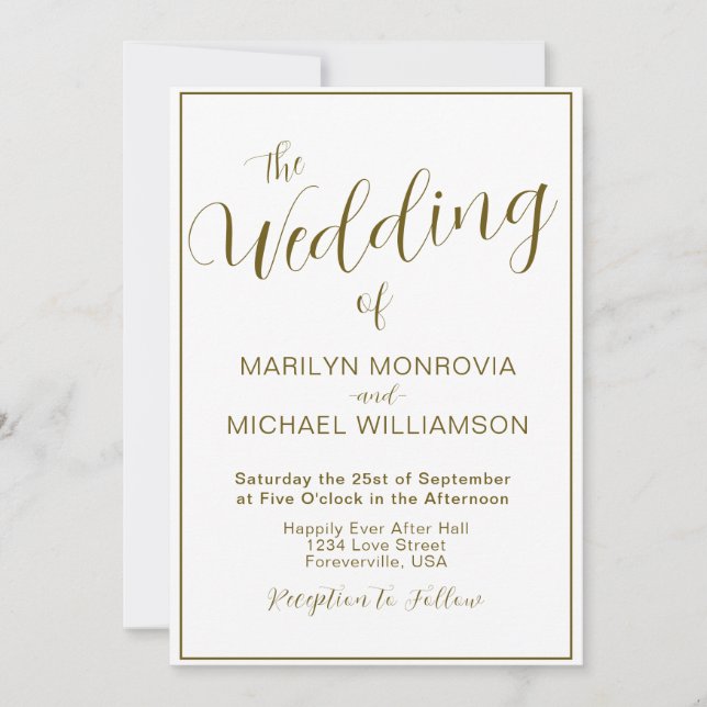 Einfache Einladung zu Hochzeiten in Gold und Weiß (Vorderseite)