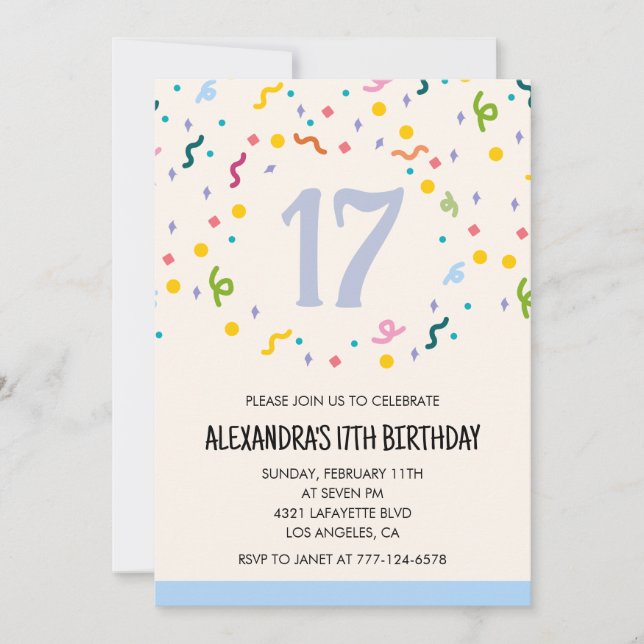 Einfache Einladung zum 17. Geburtstag Confetti Mod (Vorderseite)