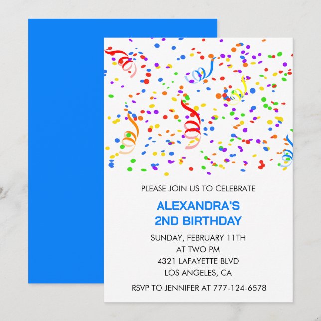 Einfache Einladung zum 2. Geburtstag Confetti Rain (Vorne/Hinten)