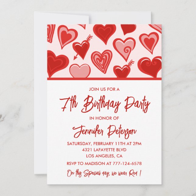 Einfache Einladung zum 7. Geburtstag für ihre Herz (Vorderseite)