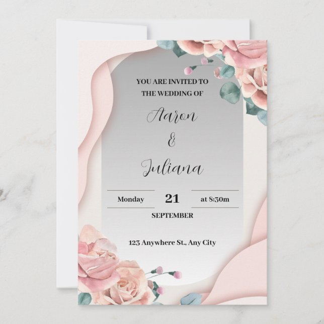 Einfache Einladung zur Hochzeit in Grau und Rosa (Vorderseite)