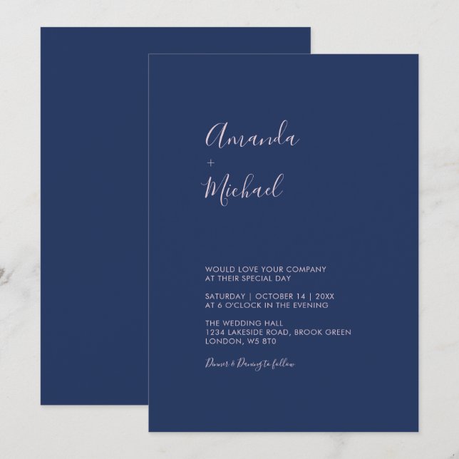 Einfache Einladung zur Hochzeit in Rosa und Navy B (Vorne/Hinten)