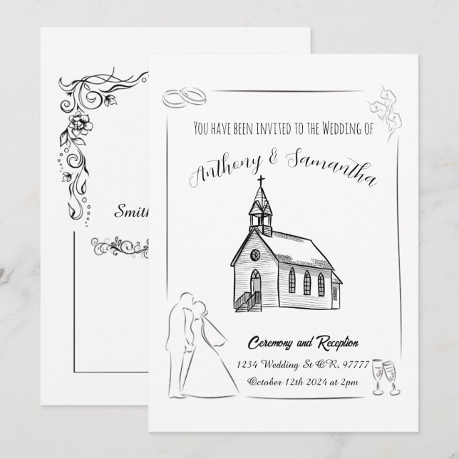 Einfache Einladung zur Schwarz-Weiß-Hochzeit (Vorne/Hinten)