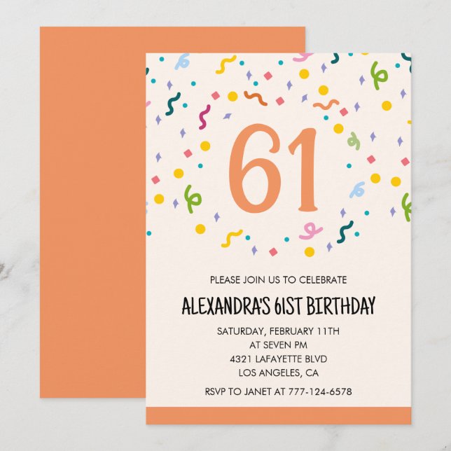 Einfache Einladungen Confetti 61. Geburtstag Moder (Vorne/Hinten)