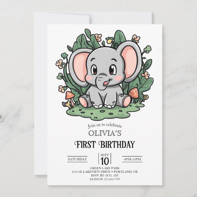 Einfache Elefant 1. Geburtstag digital Einladung (Vorderseite)
