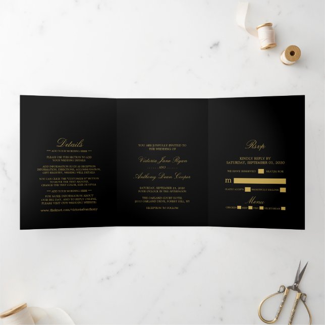 Einfache Elegance Black & Gold Wedding Suite Dreifach Gefaltete Einladung (Innenseite)