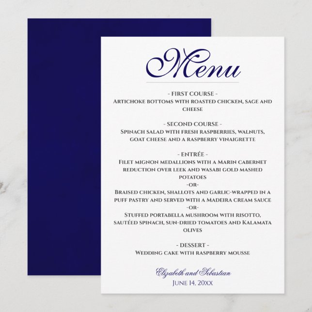 Einfache Elegance Blue & White Wedding Menu Menükarte (Vorne/Hinten)