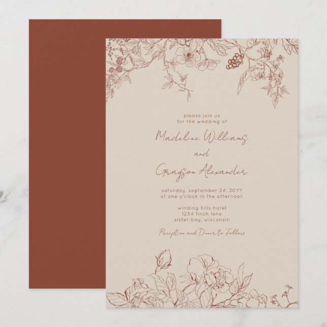 Einfache Elegance Boho Floral Wedding Einladung (Vorne/Hinten)