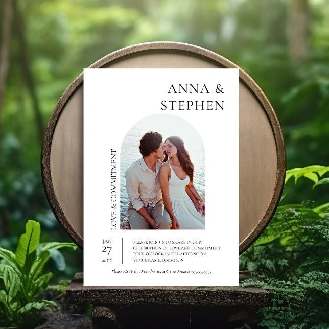 Einfache Elegance Foto Commitment Zeremonie Einladung (Simple elegance commitment ceremony or vow exchange party invitation front view.)