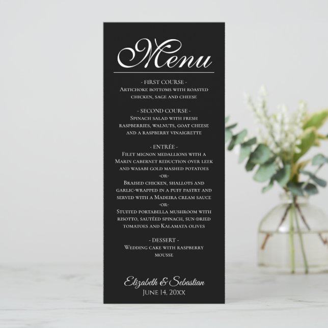 Einfache Elegance Klassische Schwarze Hochzeit Menükarte (Stehend Vorderseite)