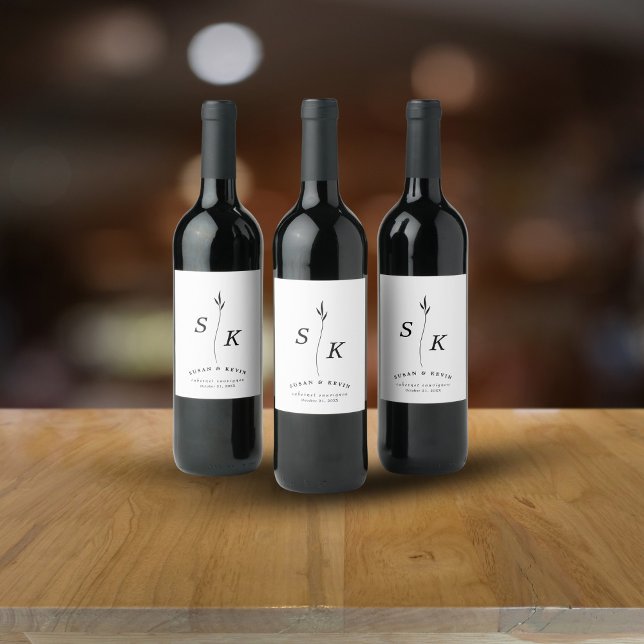 Einfache Elegance Leaf Monogram Chic Wedding Weinetikett (Von Creator hochgeladen)