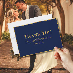 Einfache Elegance Navy Blue Luxe Gold Edge Wedding Dankeskarte
