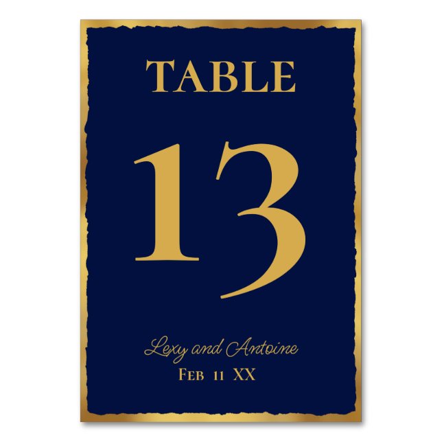 Einfache Elegance Personalisiert Navy Blue Gold Ed Tischnummer (Vorderseite)