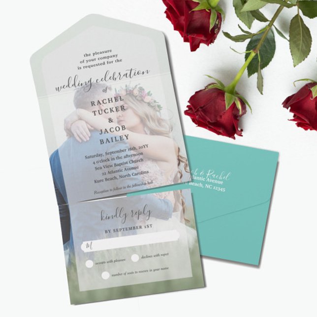 Einfache Elegance Volles Foto Aquamarine Hochzeit All In One Einladung (Von Creator hochgeladen)