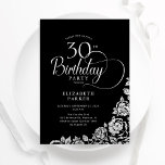 Einfache Elegant 30. Geburtstag Black Silver Rose Einladung<br><div class="desc">Einfache elegante 30. Geburtstagsfeier Party Einladung in Schwarz und Silber. Klassisches Design mit Rose,  Imitaten Silberfolie und Typografie Script Schriftart. Die trendige Einladungskarte eignet sich perfekt für eine stilvolle Damenfeier. Personalisieren Sie Ihre persönlichen Daten. Kann für jedes Alter angepasst werden. Gedruckte Zazzle-Einladungen oder Sofortdownload digitaler Druckvorlage.</div>