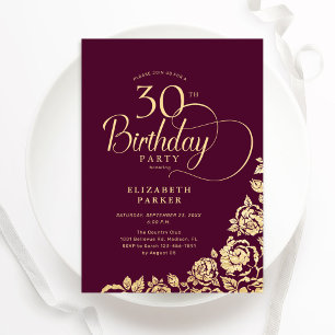 Einfache Elegant 30. Geburtstag Burgundy Gold Einladung