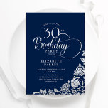 Einfache Elegant 30. Geburtstag Navy Silver Rose Einladung<br><div class="desc">Einfache elegante 30. Geburtstagsfeier Party Einladung in Marine und Silber. Klassisches Design mit Rose,  Imitaten Silberfolie und Typografie Script Schriftart. Die trendige Einladungskarte eignet sich perfekt für eine stilvolle Damenfeier. Personalisieren Sie Ihre persönlichen Daten. Kann für jedes Alter angepasst werden. Gedruckte Zazzle-Einladungen oder Sofortdownload digitaler Druckvorlage.</div>