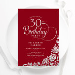 Einfache Elegant 30. Geburtstag Rot Silver Rose Einladung<br><div class="desc">Einfache elegante 30. Geburtstagsfeier Party Einladung in Rot und Silber. Klassisches Design mit Rose,  Imitaten Silberfolie und Typografie Script Schriftart. Die trendige Einladungskarte eignet sich perfekt für eine stilvolle Damenfeier. Personalisieren Sie Ihre persönlichen Daten. Kann für jedes Alter angepasst werden. Gedruckte Zazzle-Einladungen oder Sofortdownload digitaler Druckvorlage.</div>