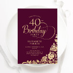 Einfache Elegant 40. Geburtstag Burgundy Gold Einladung<br><div class="desc">Einfache elegante 40. Geburtstags-Party Einladung in Bordeaux und Gold. Klassisches Design mit Rose,  Imitaten Goldfolie und Typografie Script Schriftart. Die trendige Einladungskarte eignet sich perfekt für eine stilvolle Damenfeier. Personalisieren Sie Ihre persönlichen Daten. Kann für jedes Alter angepasst werden. Gedruckte Zazzle-Einladungen oder Sofortdownload digitaler Druckvorlage.</div>