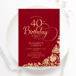 Einfache Elegant 40. Geburtstag Red Gold Rose Einladung<br><div class="desc">Einfache elegante 40. Geburtstagsfeier Party Einladung in Rot und Gold. Klassisches Design mit Rose,  Imitaten Goldfolie und Typografie Script Schriftart. Die trendige Einladungskarte eignet sich perfekt für eine stilvolle Damenfeier. Personalisieren Sie Ihre persönlichen Daten. Kann für jedes Alter angepasst werden. Gedruckte Zazzle-Einladungen oder Sofortdownload digitaler Druckvorlage.</div>