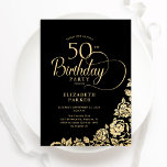Einfache Elegant 50. Geburtstag Black Gold Rose Einladung<br><div class="desc">Einfache elegante 50. Geburtstagsfeier in Schwarz und Gold. Klassisches Design mit Rose,  Imitaten Goldfolie und Typografie Script Schriftart. Die trendige Einladungskarte eignet sich perfekt für eine stilvolle Damenfeier. Personalisieren Sie Ihre persönlichen Daten. Kann für jedes Alter angepasst werden. Gedruckte Zazzle-Einladungen oder Sofortdownload digitaler Druckvorlage.</div>