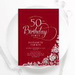 Einfache Elegant 50. Geburtstag Rot Silver Rose Einladung<br><div class="desc">Einfache elegante 50. Geburtstagsfeier in Rot und Silber. Klassisches Design mit Rose,  Imitaten Silberfolie und Typografie Script Schriftart. Die trendige Einladungskarte eignet sich perfekt für eine stilvolle Damenfeier. Personalisieren Sie Ihre persönlichen Daten. Kann für jedes Alter angepasst werden. Gedruckte Zazzle-Einladungen oder Sofortdownload digitaler Druckvorlage.</div>