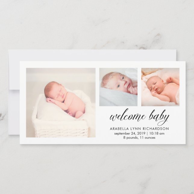 Einfache Elegant Baby Birth Ankündigung | 3 FOTOS (Vorderseite)