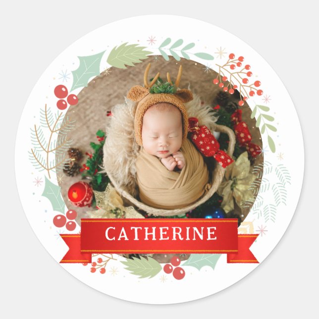Einfache Elegant Baby's First Christmas Individuel Runder Aufkleber (Vorderseite)