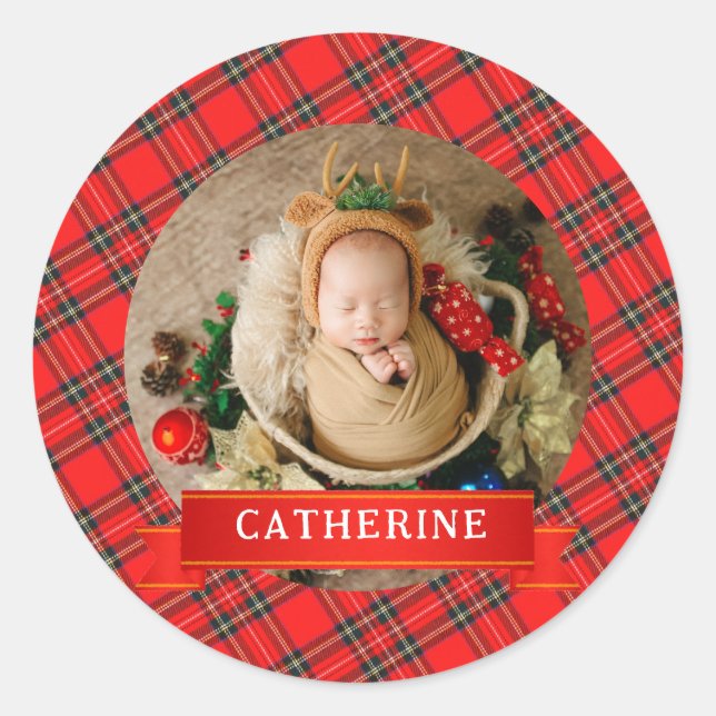 Einfache Elegant Baby's First Christmas Individuel Runder Aufkleber (Vorderseite)