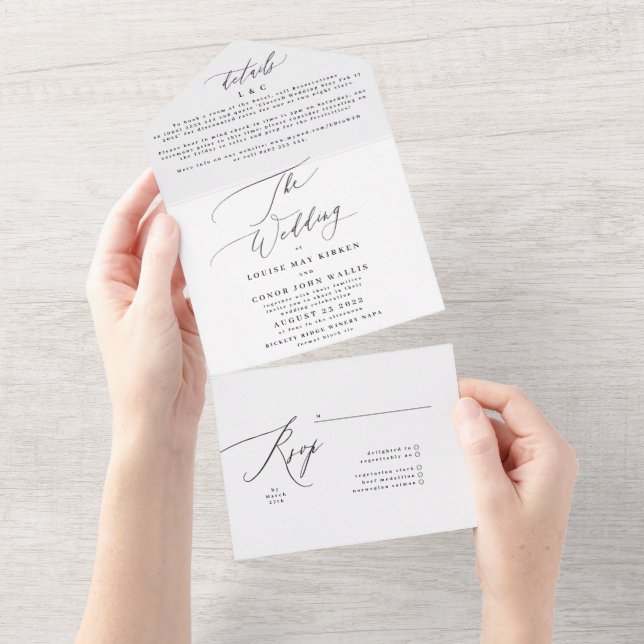 Einfache Elegant Black on White Wedding All In One Einladung (Abreißtisch)