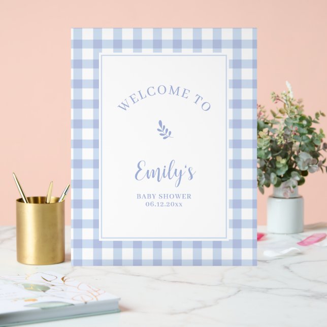 Einfache Elegant Blue Gingham Baby Dusche Willkomm Acrylschild (Hochzeit)