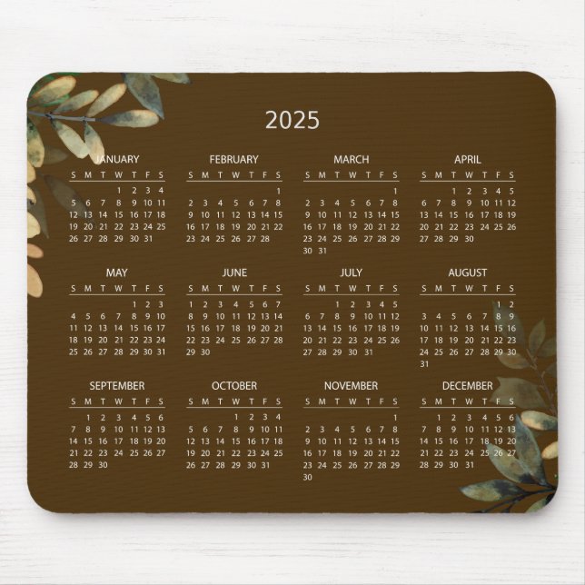 Einfache Elegant Botanischer Kalender 2025 | Mouse Mousepad (Vorne)