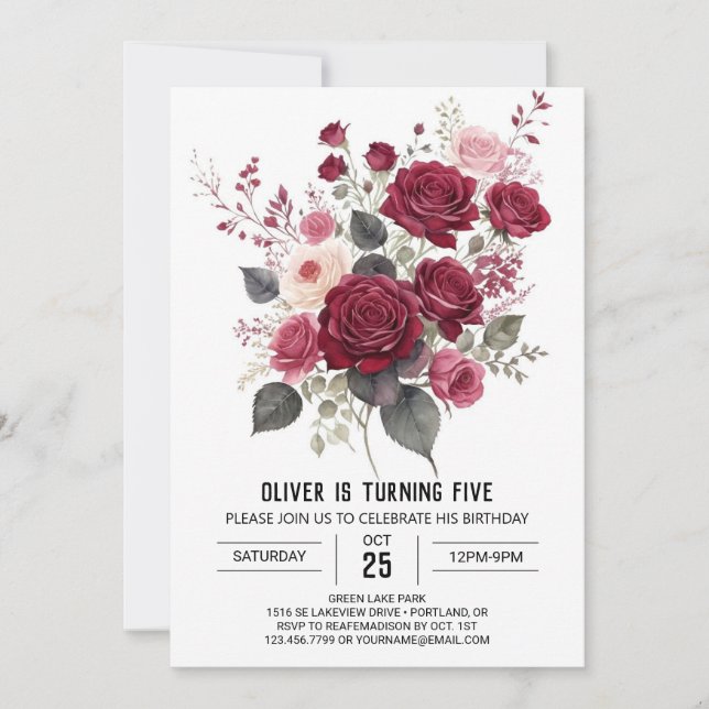 Einfache Elegant Burgundy Floral Geburtstag Einladung (Vorderseite)