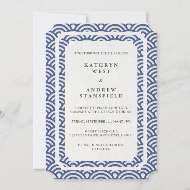 Einfache Elegant Dark Blue + White Beach Hochzeit Einladung (Vorderseite)