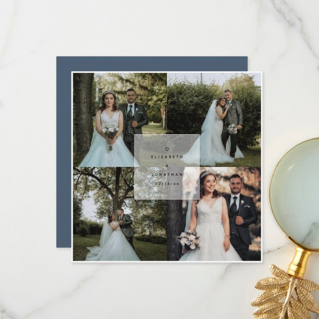 Einfache Elegant Dusty Blue 4 Foto Collage Wedding Dankeskarte (Vorderseite/Rückseite Beispiel)