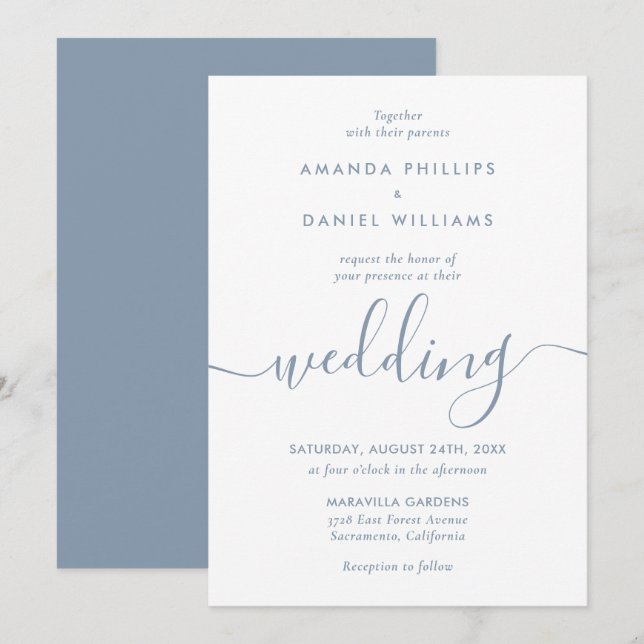 Einfache Elegant Dusty Blue Modern Script Wedding Einladung (Vorne/Hinten)