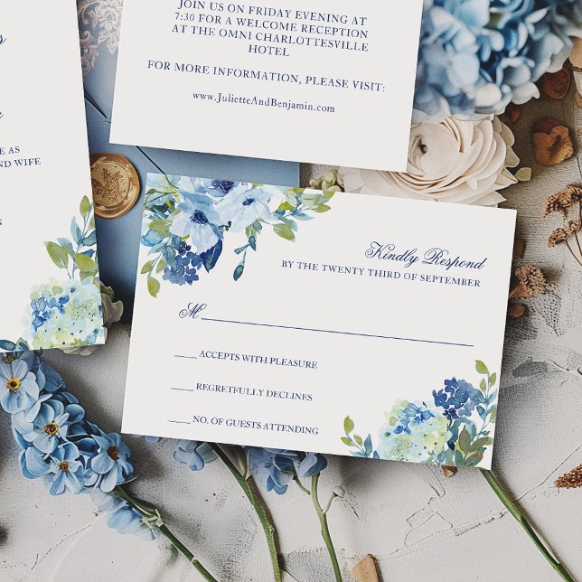 Einfache Elegant Dusty Blue Navy Floral Wedding RS RSVP Karte (This dusty blue, floral RSVP card coordinates with my Juliette collection.)