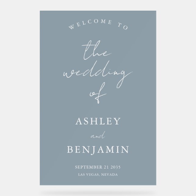 Einfache Elegant Dusty Blue Wedding Willkommen Acrylschild (Vorderseite)